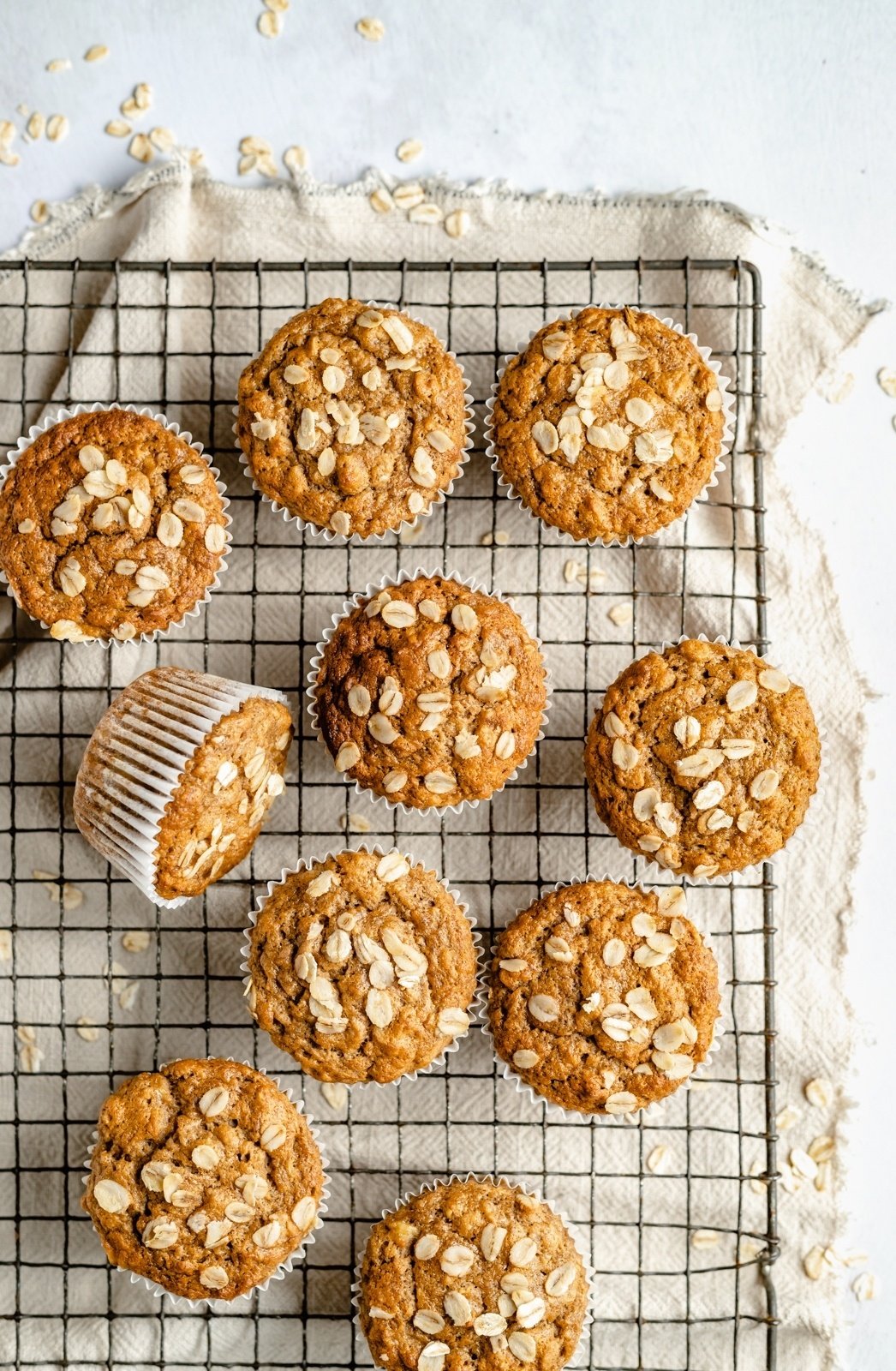 vegan banana oatmeal muffins on a wire rack