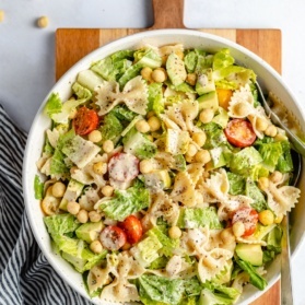 vegan caesar pasta salad in a bowl