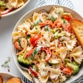 vegan pasta primavera in a bowl