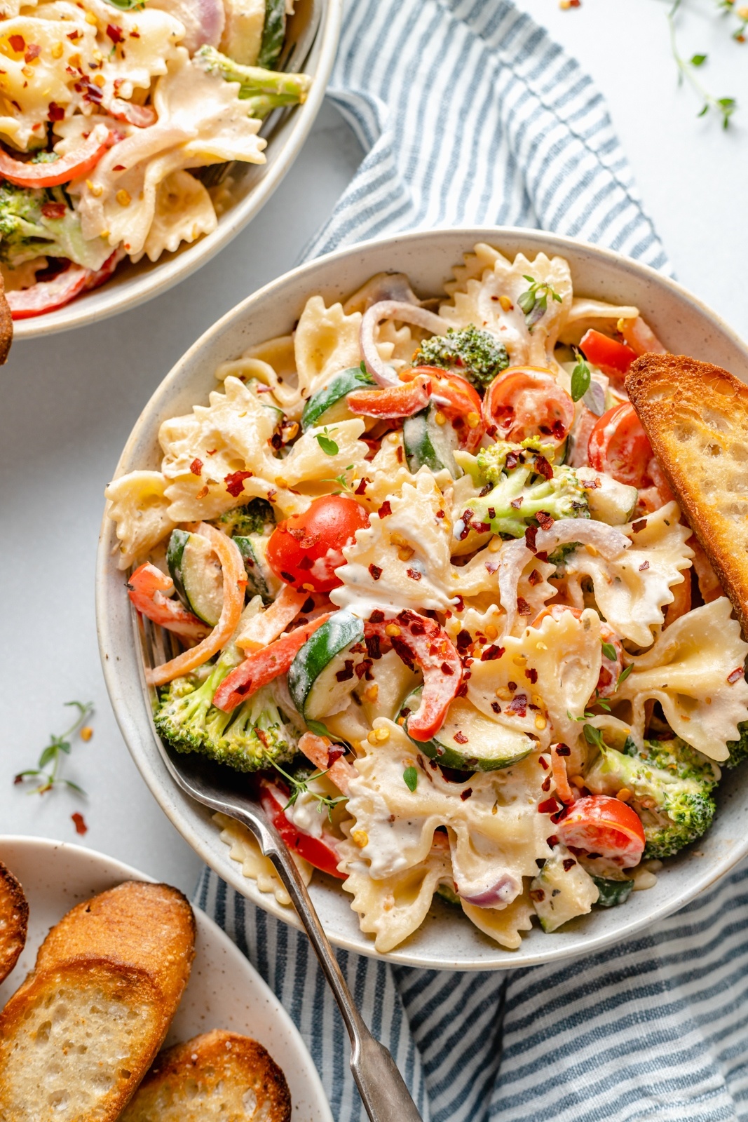 vegan pasta primavera in a bowl