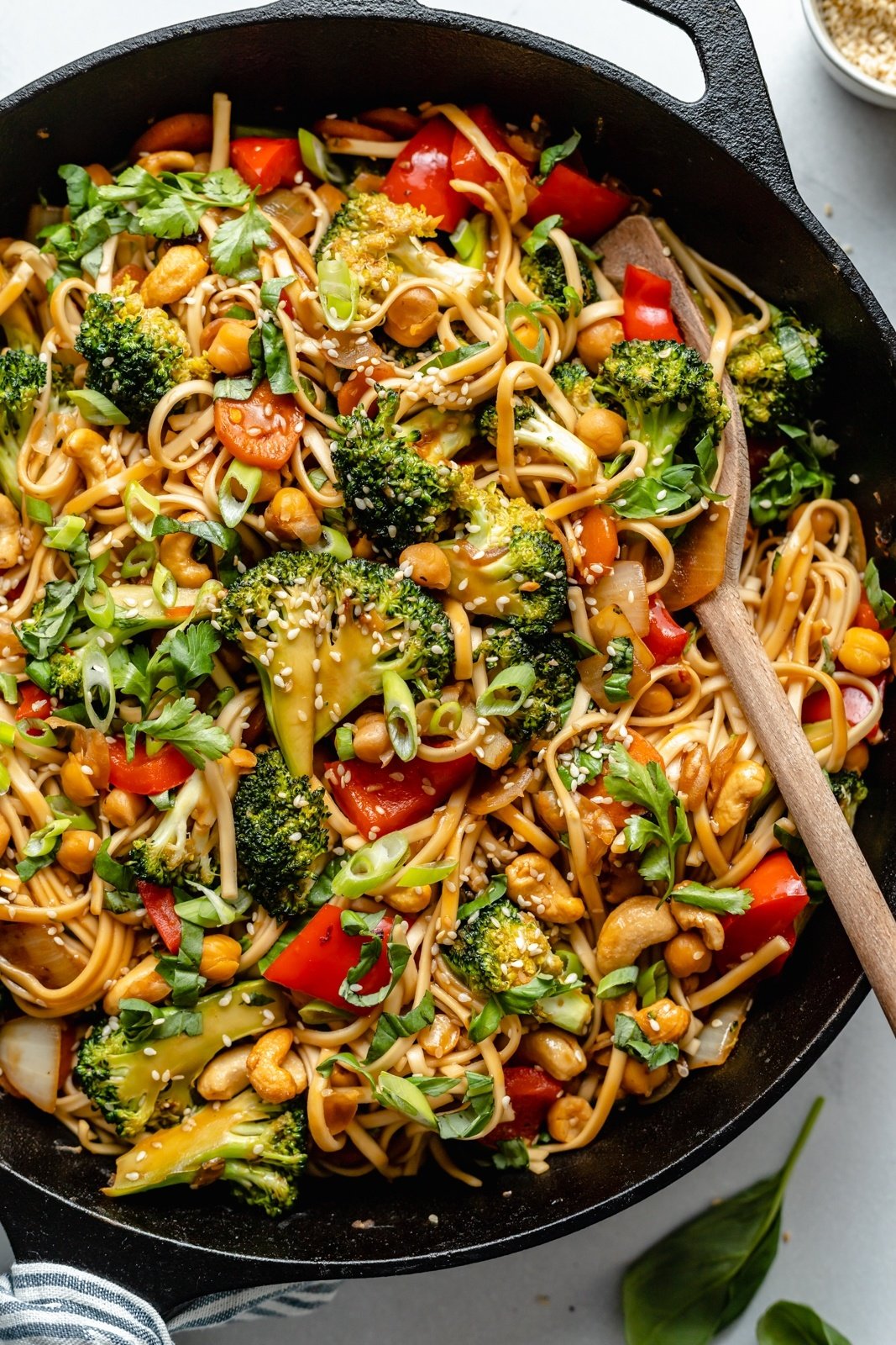 vegan noodles in a skillet with vegetables