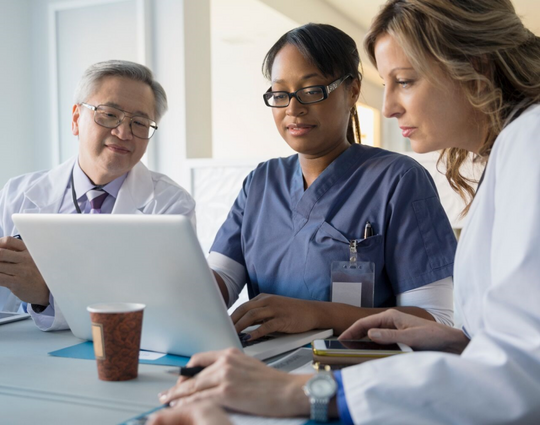 Healthcare professionals looking at a laptop