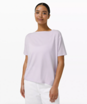 woman in a purple t-shirt