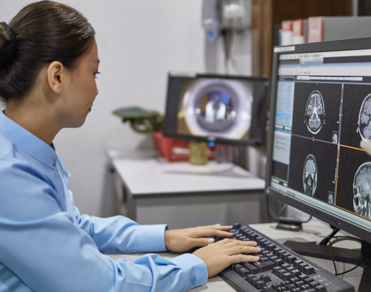 Side view of female radiologist examining X-ray images on computer.